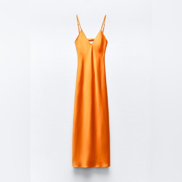 Zara dress maxi midi hot orange satin effect wedding party cocktail - Picture 15 of 16